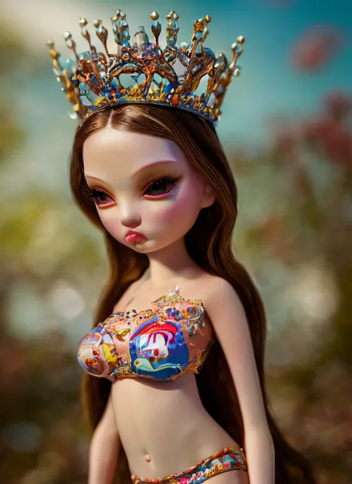 Image similar to closeup portrait of tin toy fairytale princess bikini, depth of field, zeiss lens, detailed, symmetrical, centered, fashion photoshoot, by nicoletta ceccoli, mark ryden, lostfish, breathtaking, 8 k resolution, extremely detailed, beautiful, establishing shot, artistic, hyperrealistic, octane render