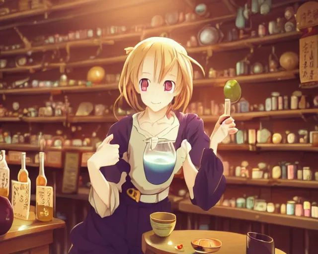 Image similar to anime visual, portrait of a young female traveler drinking a potion in a alchemist's shop interior, cute face by yoh yoshinari, katsura masakazu, cinematic lut, cool studio lighting, dynamic pose, dynamic perspective, strong silhouette, anime cels, ilya kuvshinov, cel shaded, crisp and sharp, rounded eyes, moody