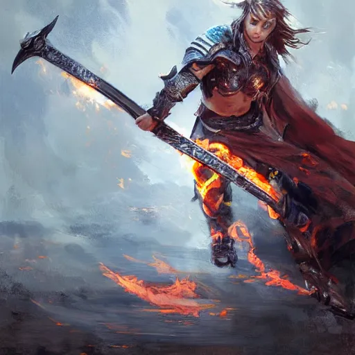 Prompt: a flaming sword, painting by wlop
