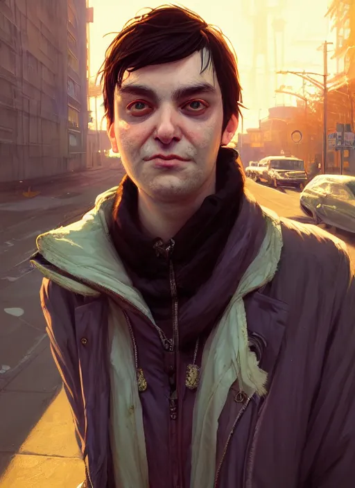 Image similar to Highly detailed portrait of homeless Martin Shkreli, in GTA V, Stephen Bliss, unreal engine, fantasy art by Greg Rutkowski, Loish, Rhads, Makoto Shinkai and Lois van baarle, ilya kuvshinov, rossdraws, Tom Bagshaw, global illumination, radiant light, detailed and intricate environment