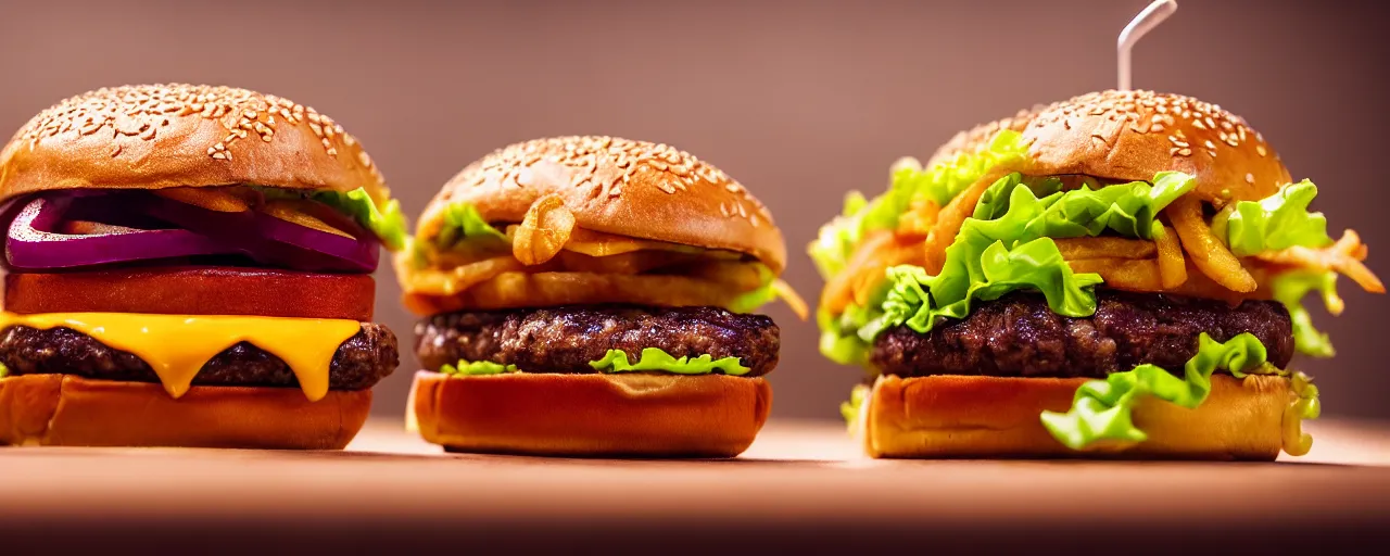 Image similar to juicy burger from a fast food restaurant, depth of field, food photography, isometric, tasty, mcdonalds, wide shot, studio, bokeh, gmaster, cooking, food, kodak, sony, canon