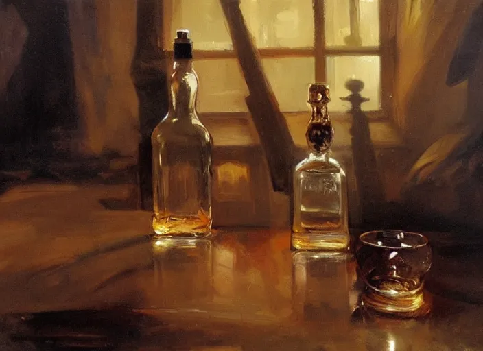 Image similar to oil painting of whiskey bottle, art by anders zorn, wonderful masterpiece by greg rutkowski, beautiful cinematic light, american romanticism by greg manchess, creation by tyler edlin