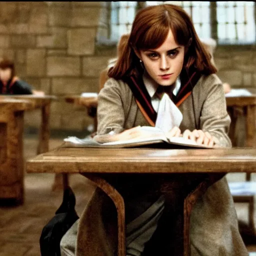 Image similar to Still from Harry Potter movies, Emma Watson using a computer during school in Hogwarts