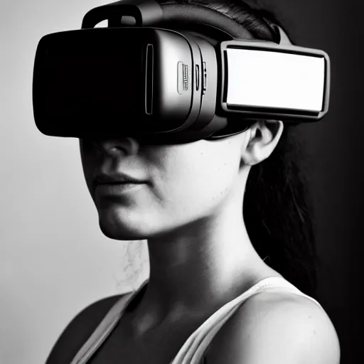 Prompt: portrait of a cyberpunk girl wearing vr headset, black & white photo by annie leibovitz