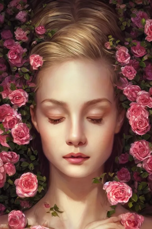 Image similar to stunningly beautiful face, prima ballerina in rose garden, symmetrical face, golden hour, smooth, focus, highly detailed, hyper realistic, dramatic lighting, elegant, intricate, concept art, art by wlop, mars ravelo, greg rutowski, artstation