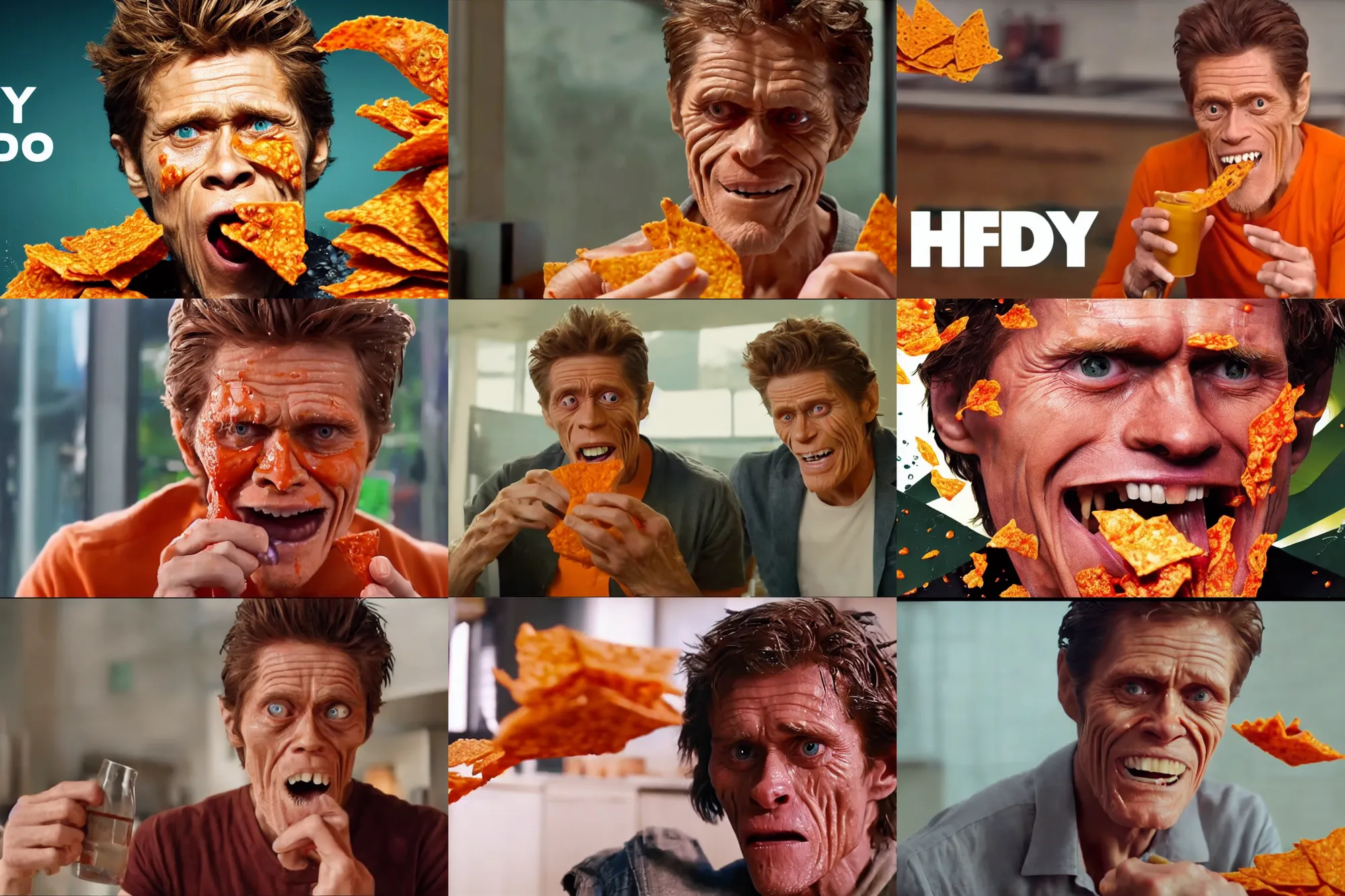 Prompt: willem dafoe drinking dorito juice happily, wet mouth, dripping dorito juice, viral advertisement, english text, food commercial 4 k