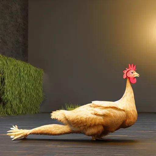 Prompt: A realistic Chiken doing yoga, photorealistic, octane render, hyperrealistic,