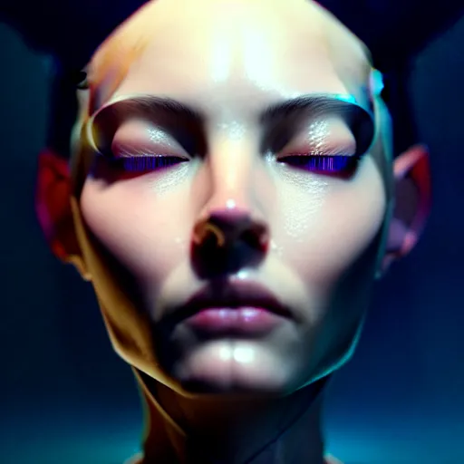 Image similar to ultra realistic, beautiful cyborg woman eyes closed, metahuman, sci-fi, magic fantasy, cyberpunk, intricate, elegant, highly detailed, digital painting, octane render, substance painter, zbrush, artstation, concept art, smooth, sharp focus, eerie, illustration, 8k, HD, art by artgerm and greg rutkowski and alphonse mucha