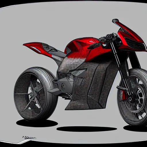 Image similar to drawing of next Gen prototype concept innovative award winning red motorcycle, Japanese engineering, blade runner style, 3d, photorealism