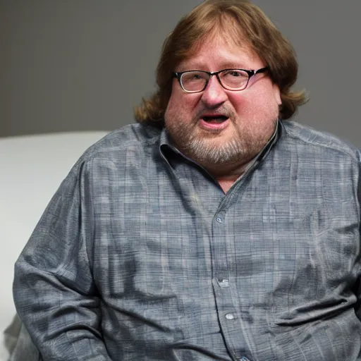 Prompt: gabe newell in an interview, barefoot, toenails, sharp focus, hyper realistic, sony 5 0 mm lens