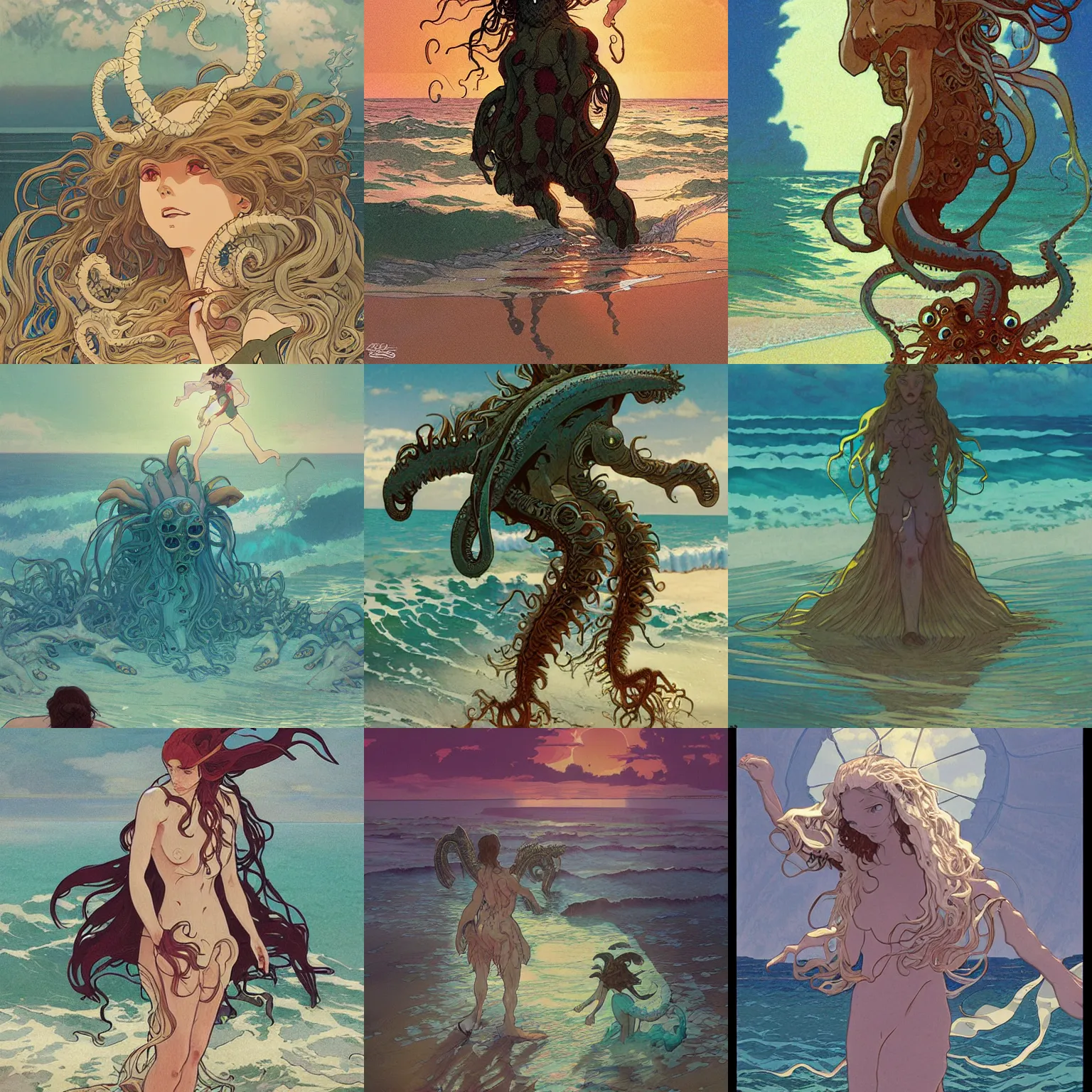 Prompt: Beachgoers fleeing in terror as a Lovecraftian monster emerges from the ocean, detailed, artstation, digital illustration, by Kyoto Animation and Studio Ghibli, by Sadamoto Yoshiyuki and Alphonse Mucha