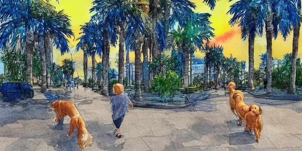 Prompt: golden retriever dog walking in tel aviv street looking at the camera. palm trees. sunset. high quality. digital art. watercolor. highly detailed. drawing. art. colorful. fluffy