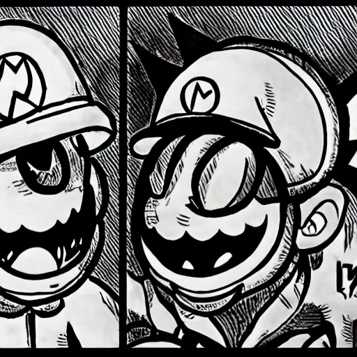 Prompt: Mario fighting Bowser in the style of Junji Ito, black and white, japanese horror, fantasy, manga, creepy and unsettling