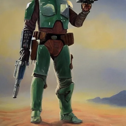 Prompt: Boba Fett staring at his bounty target from a distance, oil painting