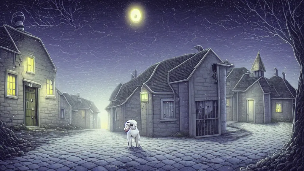 Image similar to a sad white dog in front of an empty house at night by cyril rolando and naomi okubo and dan mumford and ricardo bofill.. lovecraft.. cobbled streets.. oil lamp posts.. lovecraftian.. starry night swirly sky.