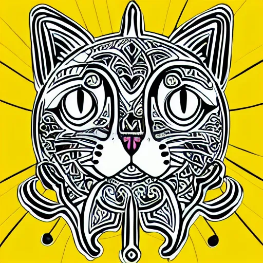 Prompt: tattoo sketch of a cat hugging the sun, on a yellow paper, maori ornament, polinesian style, minimalism, vector