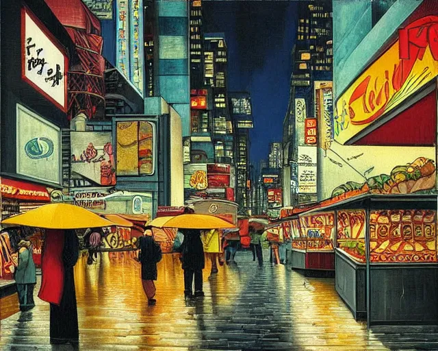 Image similar to street with food stands in a cyberpunk city on a rainy melancholy seattle night in 1 9 9 6 by de chirico