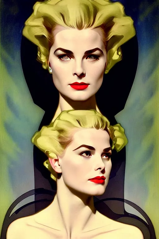 Image similar to young and beautiful evil cyborg grace kelly by steichen from the future in the style of tom bagshaw, alphonse mucha, gaston bussiere, cyberpunk. anatomically correct surreal body mods. extremely lush detail. masterpiece. melancholic scene infected by night. perfect composition and lighting. sharp focus. high contrast lush surrealistic photorealism. sultry expression on her face.