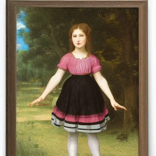 Image similar to Computer art. A young girl stands in the center of the frame, looking off to the side. She wears a school uniform with a short skirt and a striped shirt. The background is a vivid, with wavy lines running through it. soft shadow by Maria Sibylla Merian, by Henri Fantin-Latour washed-out