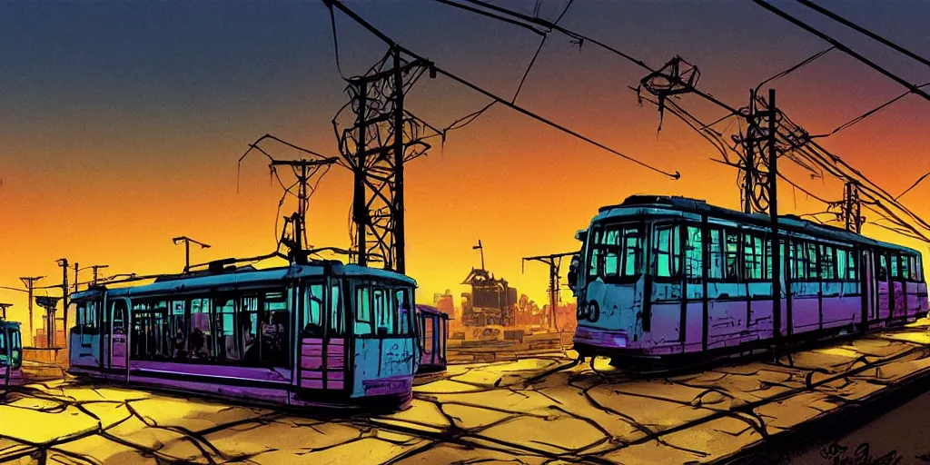 Image similar to post apocalyptic wasteland overhead wires neon futuristic cyberpunk vaporwave glow sunset clouds sky streetcar tram subway tunnel illustration by syd mead