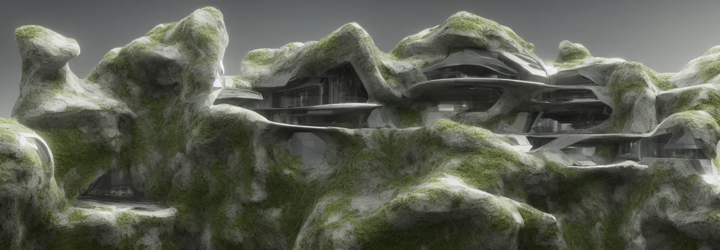 Image similar to a large futuristic house in the middle of a fractal landscape : octane render : unreal engine : 3 d fractal : digital 3 d : concept art : fractal : procedural : landscape