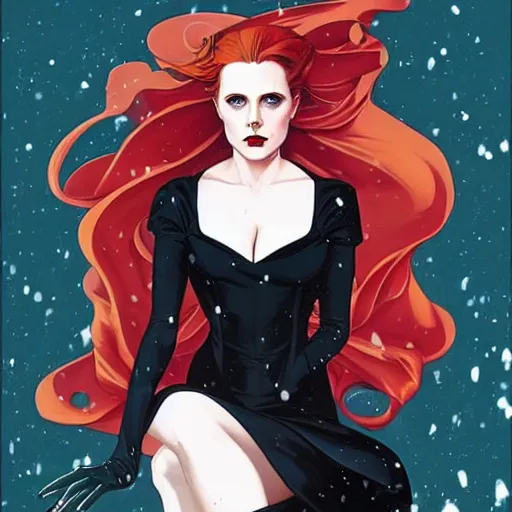 Prompt: Joshua Middleton art, art nouveau, pretty vampire Amy Adams, full entire slender body fun pose, sharp teeth, horror symmetrical face, symmetrical eyes, black Victorian dress, long curl red hair, outside in snow snowing