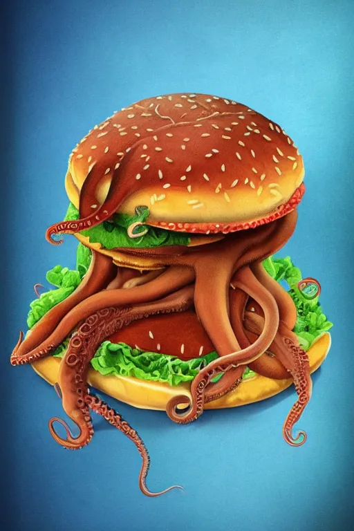 Prompt: fine art illustration of a an octopus inside a cheeseburger, poster, highly detailed, 8 k, vintage, trending on artstation