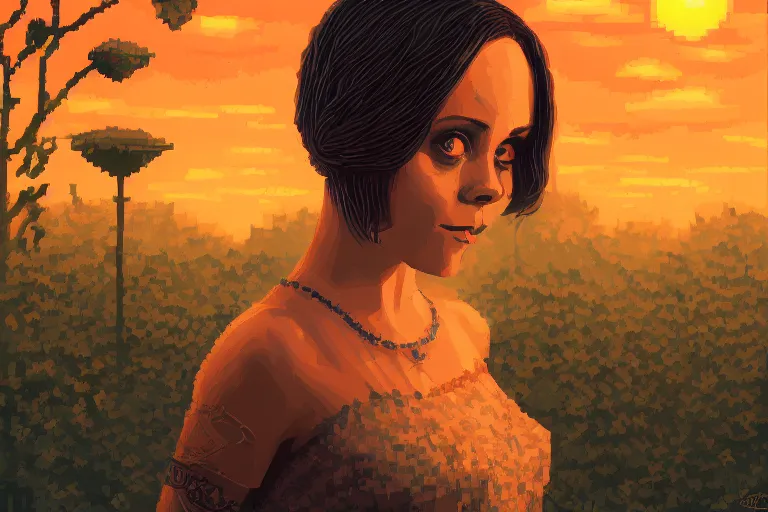 Image similar to christina ricci under the dark sun, beautiful detailed pixelart by albertov, intricate details, beautiful, dithered gradients, volumetric lighting, cgsociety, artstation, 2. 5 d illustration, dan mumford