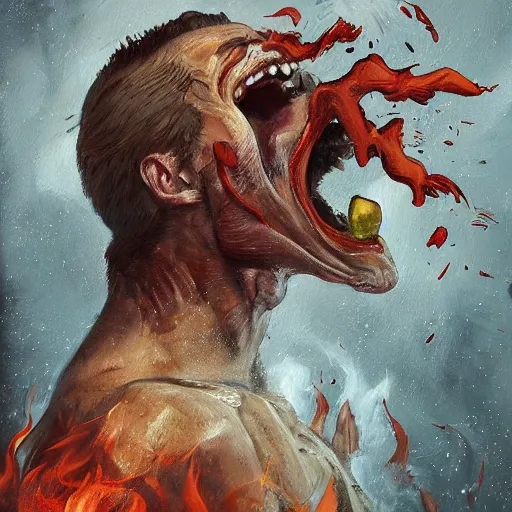 Image similar to a painting of a man with fire coming out of his mouth, shock art, apocalypse art, artstation hq
