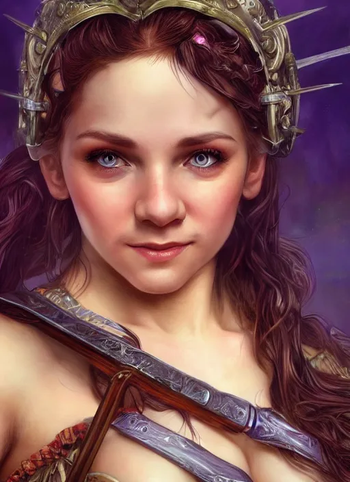 Prompt: female halfling bard, beautiful detailed eyes and a bright smile, dirty, fantasy, intricate, rough, highly detailed, digital painting, 4k, HDR, concept art, smooth, sharp focus, upper body shot, illustration, art by Artgerm, H R Giger and Alphonse Mucha