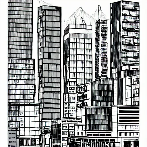 Image similar to decrepit brutalist cityscape vector line art in the style of “ geoff darrow ” black and white 1 6 : 1