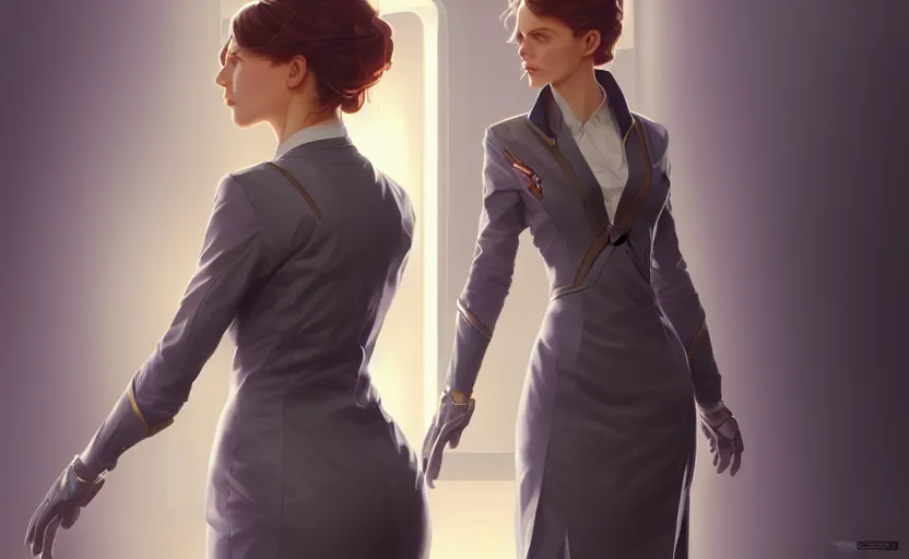 Image similar to Female in office dress, sci-fi, highly detailed, digital painting, artstation, concept art, smooth, sharp focus, illustration, art by artgerm and greg rutkowski and alphonse mucha