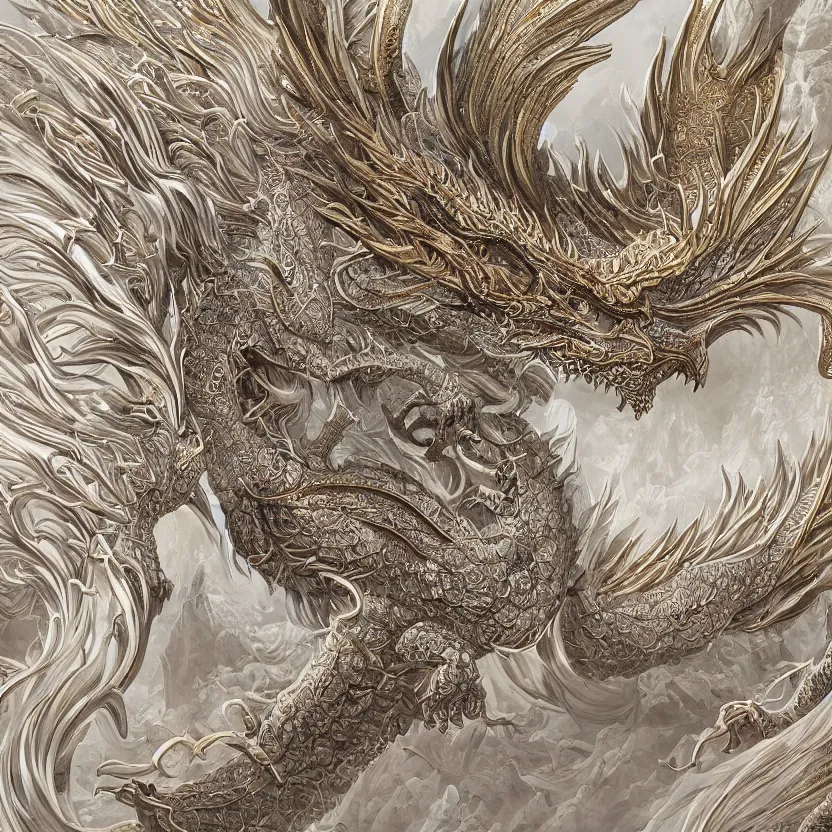 Image similar to amazing exquisite matte painting, close - up portrait of a chinese white dragon, sacred, shimmer, exquisite detail, huge details, gold detailed line work, by xision and yukii morita,, james jean, trending on artstation