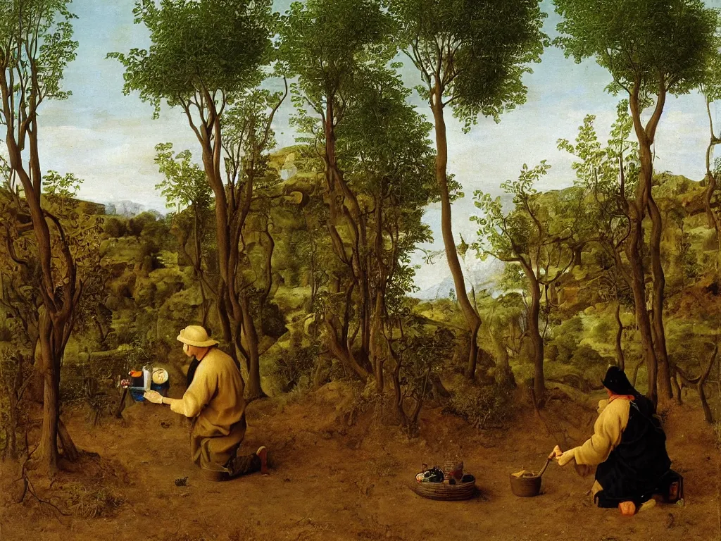 Prompt: kneeling painter washing his brush in a desert oasis, ferns. painting by jan van eyck