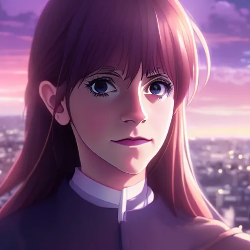 Image similar to portrait emma watson in heavens feel movie, detailed face, violet evergarden, tokyo, ufotable, key visual, cinematic, city background, night time, street, fate stay night, unlimited blade works, greg rutkowski, high resolution, street clothes, anime, high budget