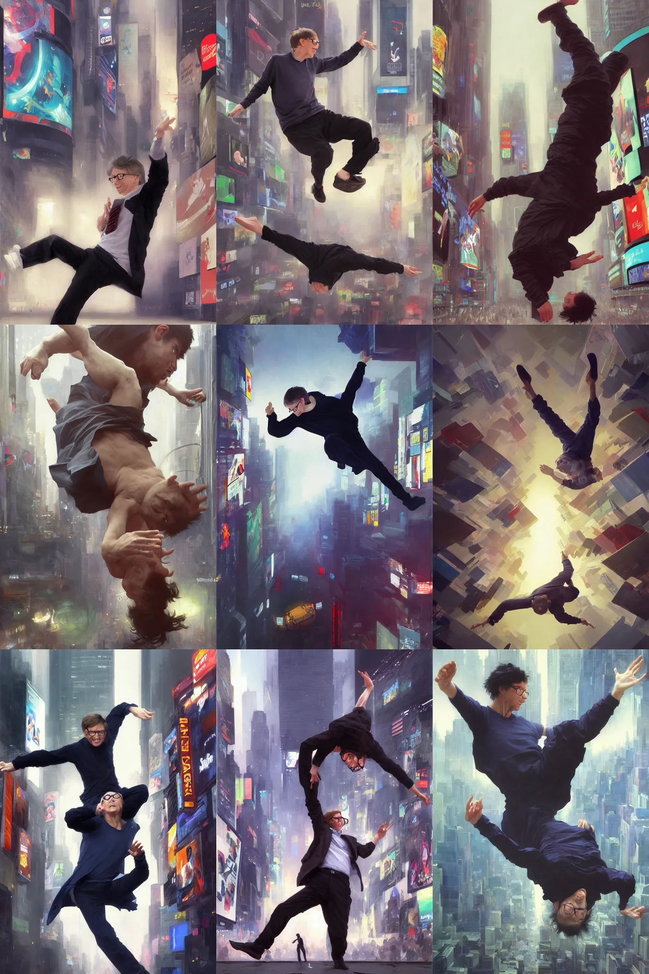 Prompt: depiction Bill gates break dancing in the middle of times square illustration by Ruan Jia and Mandy Jurgens and William-Adolphe Bouguereau, Artgerm, 4k, digital art, surreal, space dandy style, highly detailed, godsend, artstation, digital painting, concept art, smooth, sharp focus, illustration by Ruan Jia and Mandy Jurgens and William-Adolphe Bouguereau