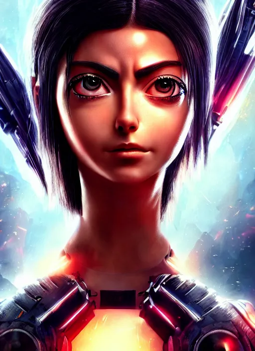 Image similar to Alita Battle Angel, digital painting, cyberpunk, aesthetic, faded, full body portrait, hyper realistic render, 8k