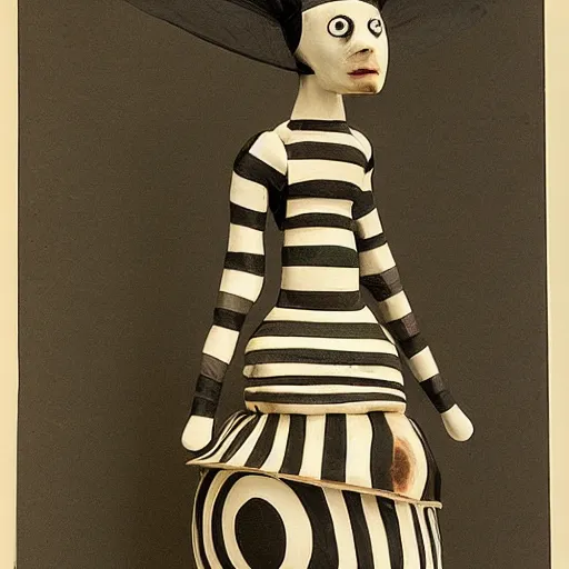 Image similar to an anthromorphic bee woman wearing striped couture made out of wax and paper