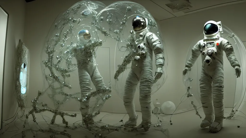 Image similar to a cybernetic symbiosis of a single astronaut eva suit infected with diamond 3d fractal lace iridescent bubble 3d skin covered with insectoid compound eye camera lenses floats through the living room, film still from the movie directed by Denis Villeneuve with art direction by Salvador Dalí, wide lens,