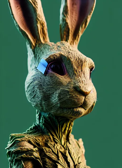 Prompt: rabbit groot as marble statue, sunglasses, in marijuanas gardens, soft surface texture, very realistic 3 d render, soft sun lights, 4 k, high detailed photography result, 5 0 mm lens, rich deep colors, smooth gradients, depth of field, cinematic, hyper realism, high detail, octane render, unreal engine, 8 k, vibrant colors