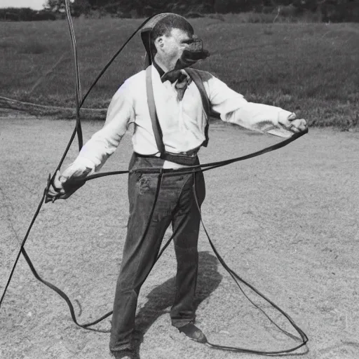 Prompt: photo of man using a lasso made of spaghetti