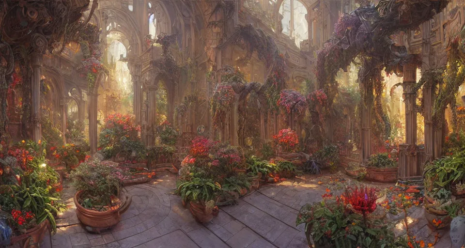 Prompt: an oil painting by donato giancola, warm coloured, cinematic scifi luxurious futuristic foggy biomechanical victorian garden courtyard with and bulbous alien floral fungi cactus growing out of pretty ceramic baroque fountains, gigantic pillars and flowers, beeple, halo, star wars, ilm, star citizen, halo, mass effect, artstation, atmospheric perspective