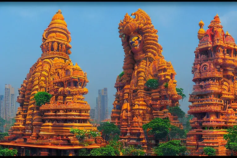 Image similar to high quality 3 d dreamscape! biomorphic hanuman head building in the middle of mumbai!!, kalighat highly detailed, cinematic smooth, stephen shore & john j. park, soft morning light, wide shot, high angle, uhd 8 k, deep focus