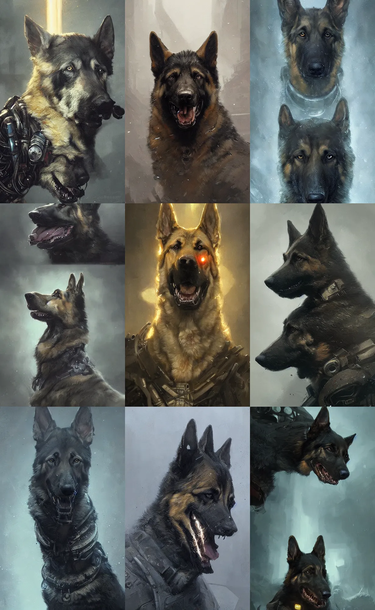 Prompt: a cybernetic german shepherd, concept art, detailed face, fantasy, highly detailed, cinematic lighting, digital art painting by greg rutkowski