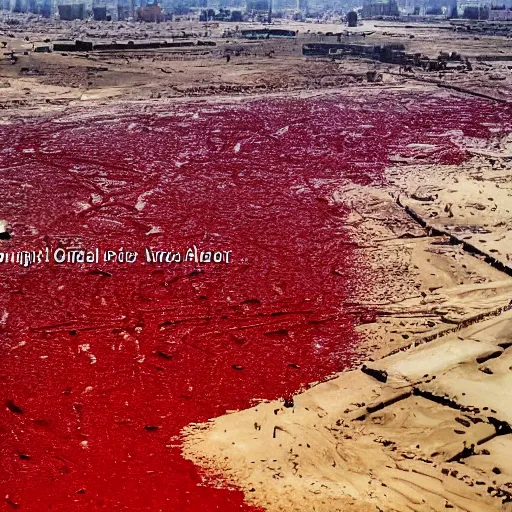 Image similar to bird's eye view of a river of blood flowing near the pyramids of giza