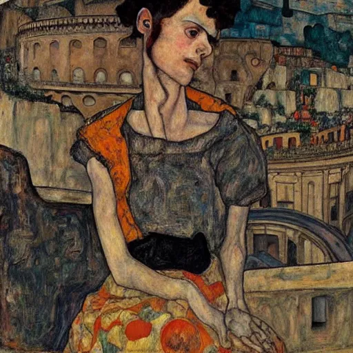 Prompt: a highly detailed painting by egon schiele of a young woman with black hair having an existential crisis on a terrace overlooking the colosseum, 4 k