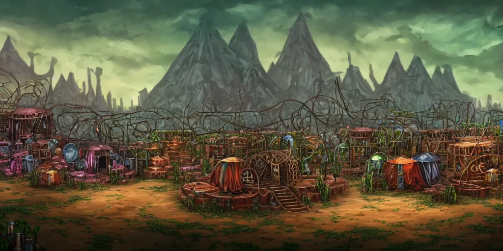 Image similar to colored merchant tents surrounded by chrome pyramids, rusted plants and vines, matte oil painting, retrofuturistic, science fantasy, mutant, lgbt, queer, rpg, epic, badlands, slime, sentient, dungeons & dragons, sacred, sharp focus, award - winning, extremely detailed, 4 k, 8 k