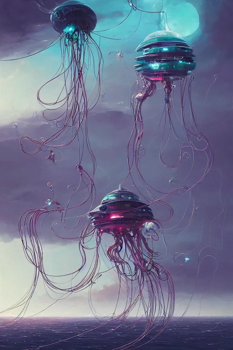 Prompt: mechanical robotic squid jellyfish spaceship with long tendrils, lots of hanging cables and wires, sci - fi concept art, by john harris, by simon stalenhag, stunning, award winning