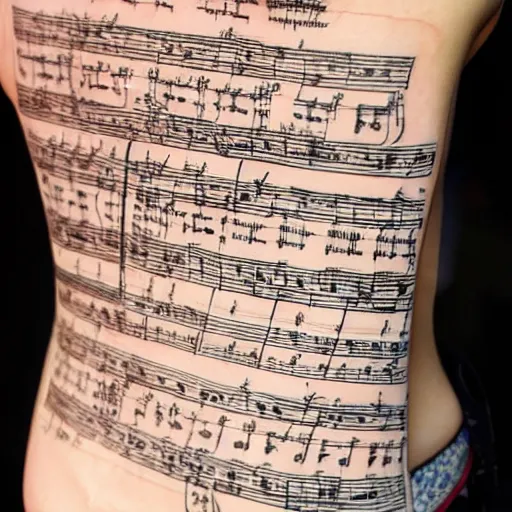 Prompt: a back with sheet music tattoed onto it, close up shot.