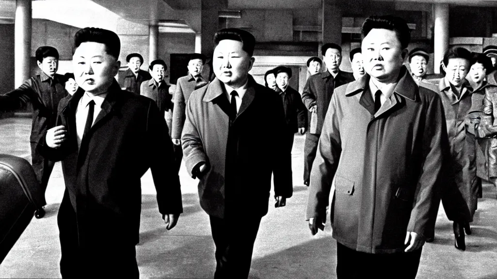 Image similar to kim jong - il walking in 1 9 6 0 s pyongyang, film noir thriller in the style of orson welles and andrei tarkovski